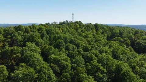Devil's Knob Fire Tower Above Green Dense Forest In Arkansas, USA - Aerial Drone Stock Footage 328071182