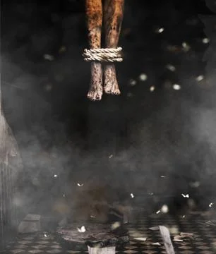 Devil's legs,3d illustration of dead body's legs hang from the ceiling Stock Illustration
