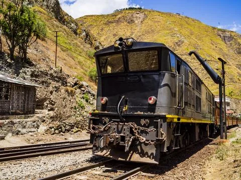 Devil's Nose train running on beautiful andean landscape, Alausi, Ecuador Stock Photos
