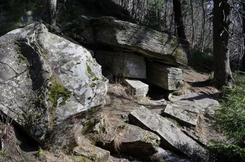Devil's table rock ( Certuv stul ), Devil's Mill ( Certuv mlyn ), near Knehyne Stock Photos