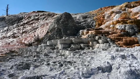 Devils Thumb and Palette Spring at Mammoth Falls in Yellowstone National Park Stock Footage 147960950