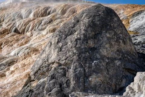 Devils Thumb formation along the terraces of Mammoth Hot Springs in Yellowsto Stock Photos