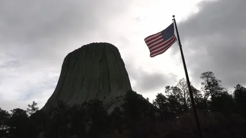 Devil's Tower with American Flag Stock Footage 313415823