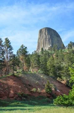 Devil's Tower National Monument framed by trees on a bright summer day 写真素材