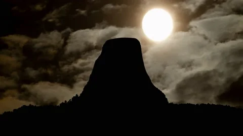 Devils Tower National Monument in Silhouette By Night with Dark Atmosphere Stock Footage 220095966