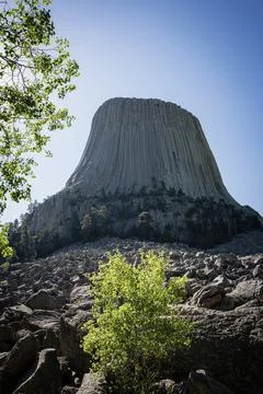 Devils Tower National Monument under a clear blue sky, Wyoming, USA Stock Photos