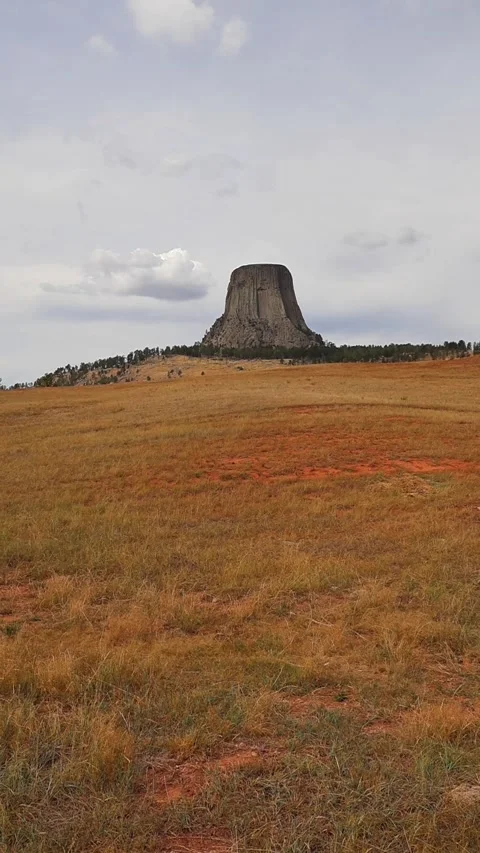 Devils Tower Over Windswept Golden Prairie, Wyoming, Vertical HD 库存影片 347750055