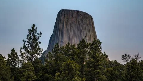 Devils Tower Rising Above the Trees at Sunset, Devils Tower National Monument Stock Photos