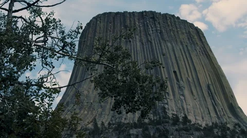 Devils Tower Rock Columns Framed by Leafy Tree Branches Stock Footage 340245182