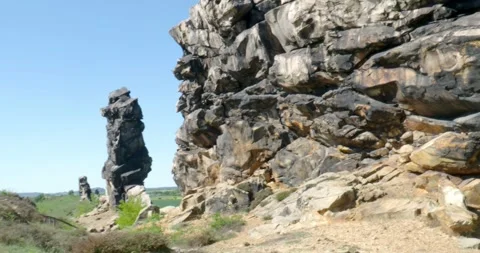 Devils Wall rock formation at Weddersleben, Harz mountains, GER Stock Footage 310090996