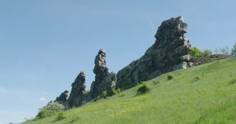 Devils Wall rock formation at Weddersleben, Harz mountains, GER Stock Footage 310091354