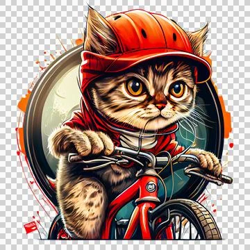 Devious mischievous kitten 1 with red helmet, riding bicycle. Stock Illustration