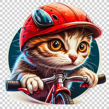 Devious mischievous kitten 2 with red helmet, riding bicycle. Stock Illustration