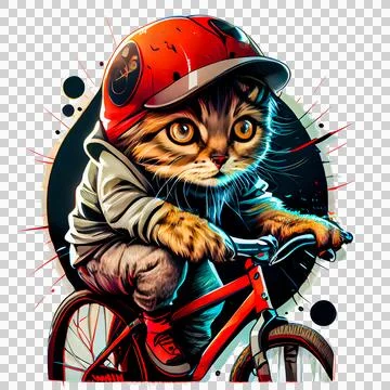 Devious mischievous kitten 3 with red helmet, riding bicycle. Stock Illustration