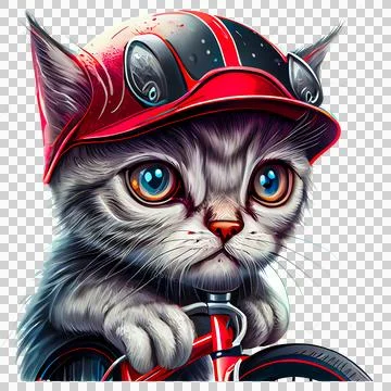 Devious mischievous kitten 4 with red helmet, riding bicycle. Stock Illustration