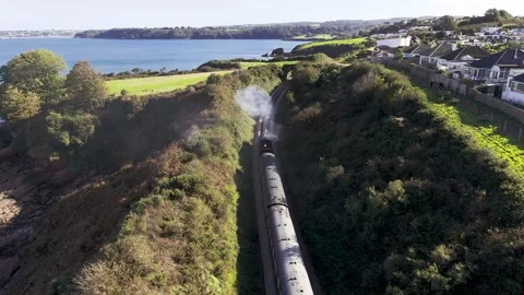Devon coast steam train slow-mo 4k HDR Stock Footage 318536769