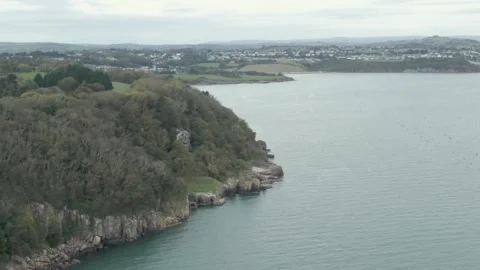Devon Coastline Drone Pan Left showing Rocky shore and trees Stock Footage 288094188