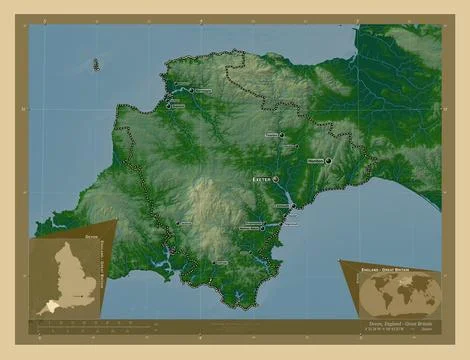 Devon, England - Great Britain. Physical. Labelled points of cities Ilustración de archivo