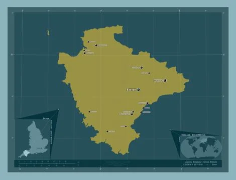 Devon, England - Great Britain. Solid. Labelled points of cities Ilustración de archivo