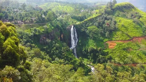Devon Falls Aerial View - Majestic Sri Lankan Waterfall - Drone Footage Stock Footage 310142742