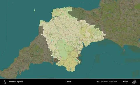 Devon highlighted, United Kingdom. OpenStreetMap Humanitarian Illustrazione stock