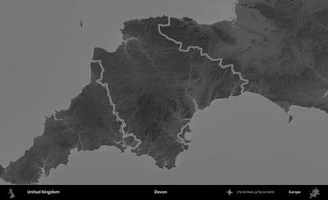 Devon outlined, United Kingdom. Grayscale Ilustración de archivo