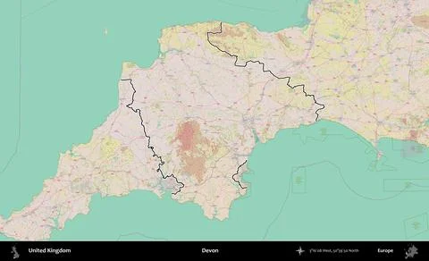 Devon outlined, United Kingdom. OpenStreetMap Standard Illustrazione stock