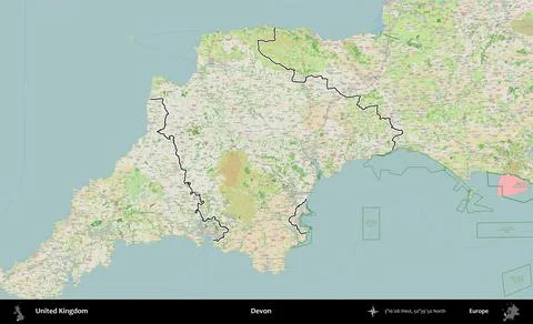 Devon outlined, United Kingdom. OpenStreetMap French Stock Illustration