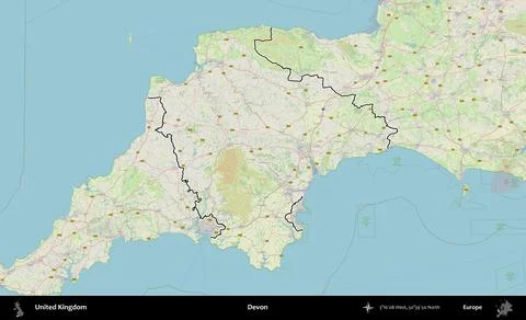 Devon outlined, United Kingdom. OpenStreetMap German Stock Illustration
