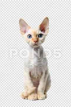 Devon rex cat with striking blue eyes, curious expression PSD Template