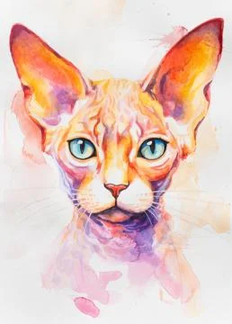 Devon Rex, sphynx cat painted in watercolor on a white background in a realistic 스톡 일러스트
