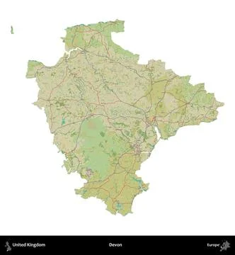 Devon, United Kingdom, isolated on white. OpenStreetMap Humanitarian Illustrazione stock