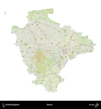 Devon, United Kingdom, isolated on white. OpenStreetMap German Stock Illustration