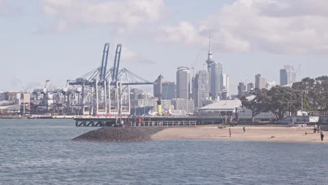 Devonport beach, looking across the channel to Auckland City Stock Footage 247473734