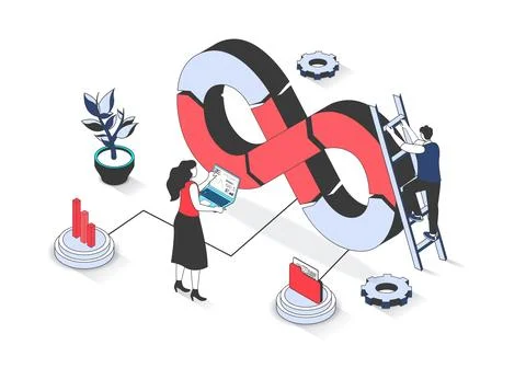 DevOps 3d isometric concept with isometry people design for web. Man and wo.. Stockillustratie