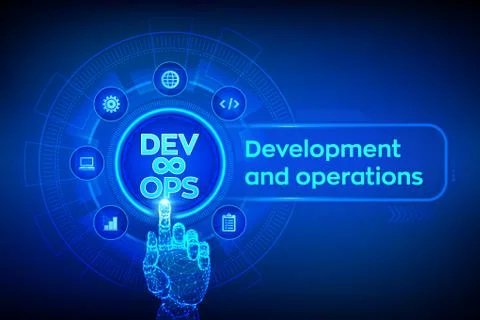 Devops. Agile development and optimisation concept on virtual screen. Softwar Illustrazione stock