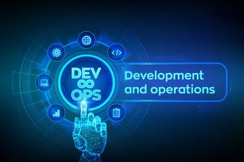 Devops. Agile development and optimisation concept on virtual screen. Softwar Illustrazione stock