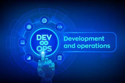 Devops. Agile development and optimisation concept on virtual screen. Softwar Illustrazione stock
