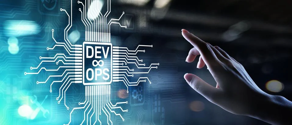 Devops Agile development and optimisation concept on virtual screen. Stock Photos