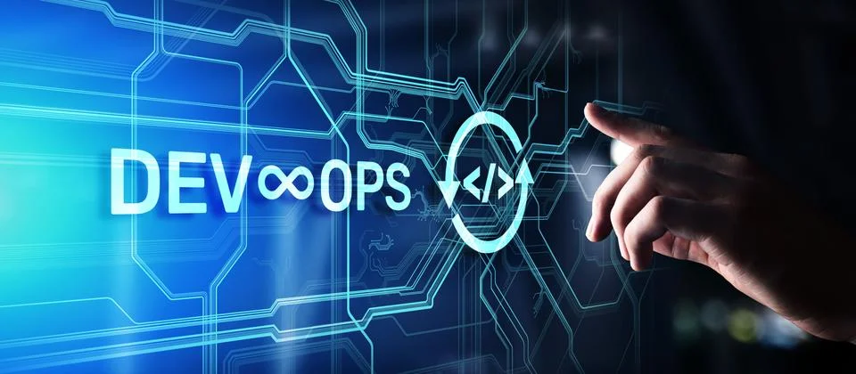 Devops Agile development and optimisation concept on virtual screen. Stock Photos