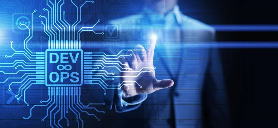 Devops Agile development and optimisation concept on virtual screen. Stock Photos