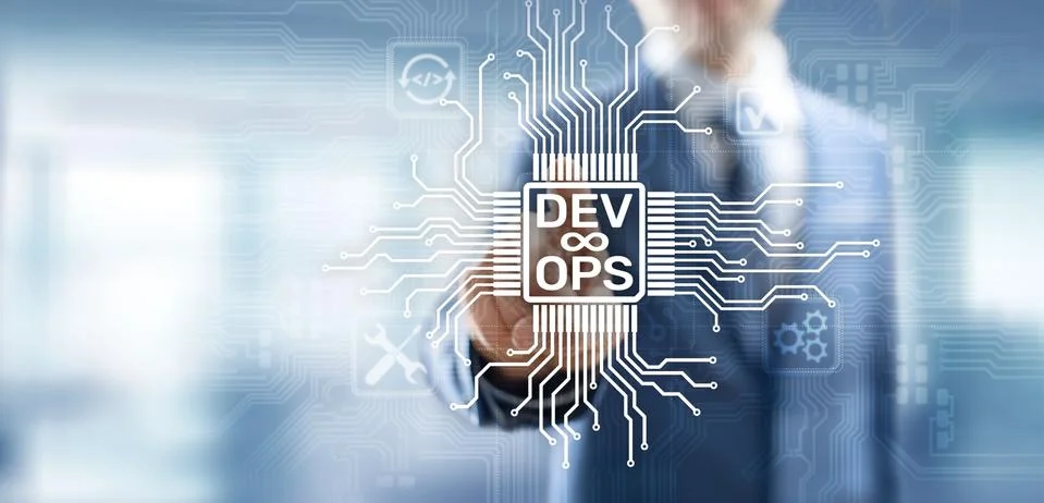 Devops Agile development and optimisation concept on virtual screen. Stock Photos