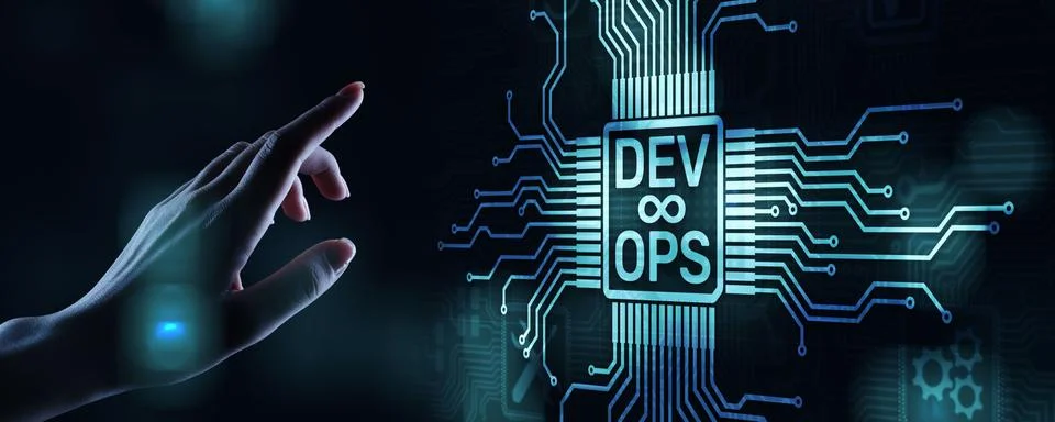 Devops Agile development and optimisation concept on virtual screen. Stock Photos