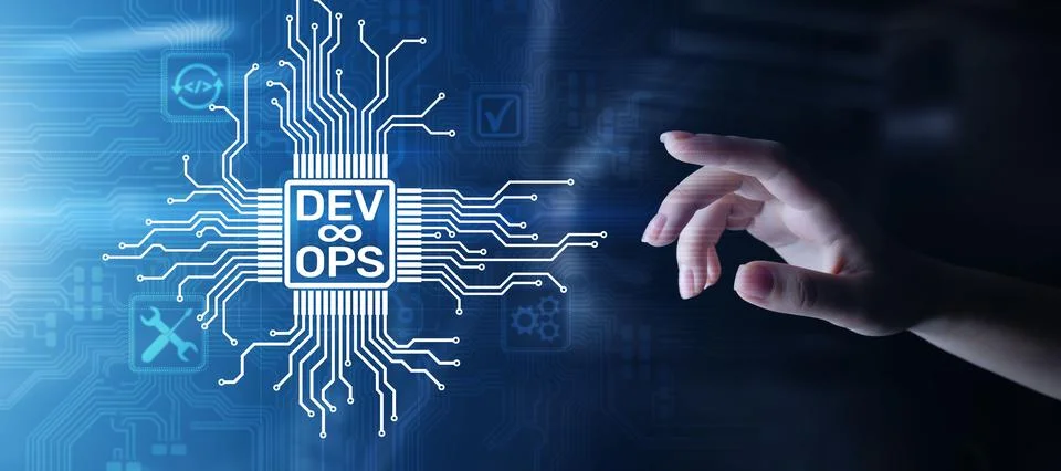 Devops Agile development and optimisation concept on virtual screen Stock Photos