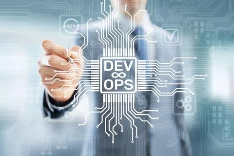 Devops Agile development and optimisation concept on virtual screen Stock Photos