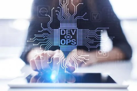 Devops Agile development and optimisation concept on virtual screen. Stock Photos