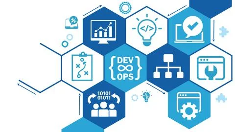 Devops. Agile development and optimization concept on virtual screen. Illustrazione stock