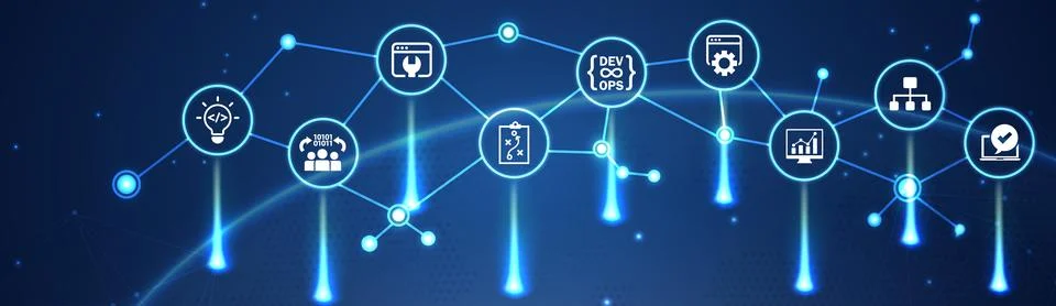 Devops. Agile development and optimization concept on virtual screen. Illustrazione stock