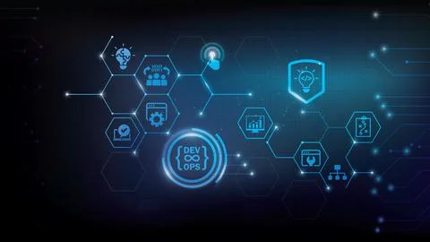 Devops. Agile development and optimization concept on virtual screen. Illustrazione stock