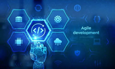 Devops. Agile development and optimization concept on virtual screen. Softw.. Stock-Illustration